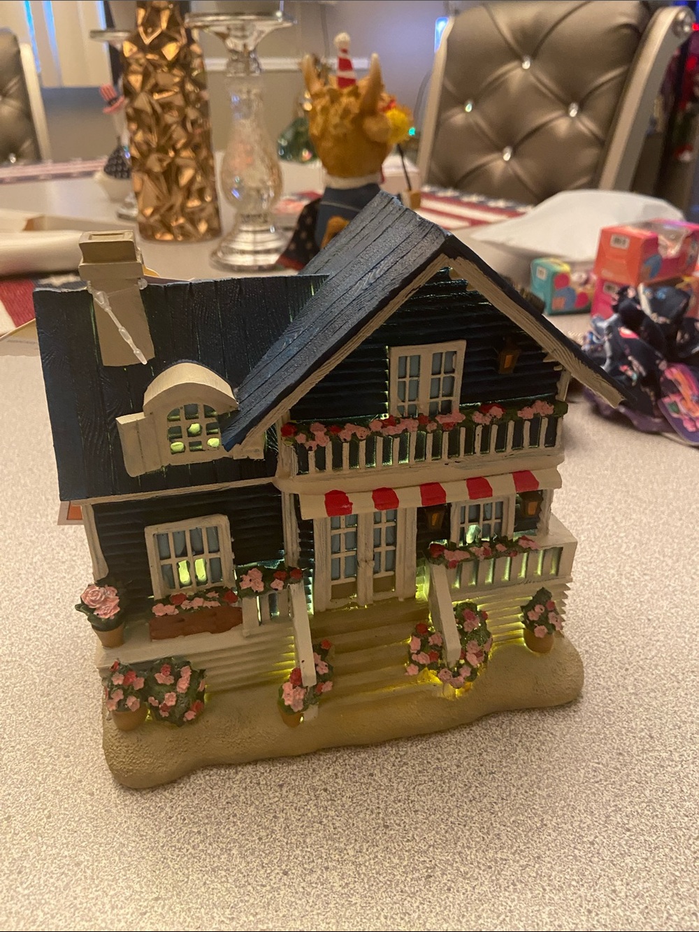 Blue & White Lighted Holiday Cottage Figurine with Pink Accents